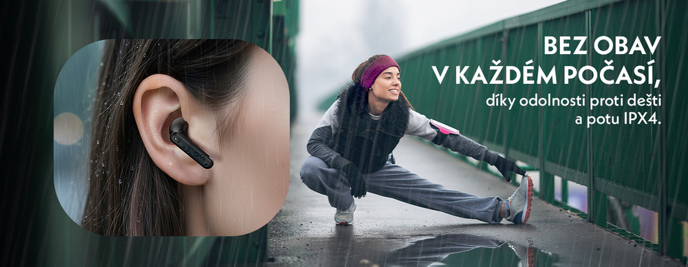 Banner zdůrazňující odolnost černých sluchátek GoGEN TWS BAR evo 3. Na jedné polovině je detail ucha se sluchátkem pokrytým kapkami vody, na druhé žena v běžeckém úboru na mostě v dešti. Infografika uvádí odolnost IPX4