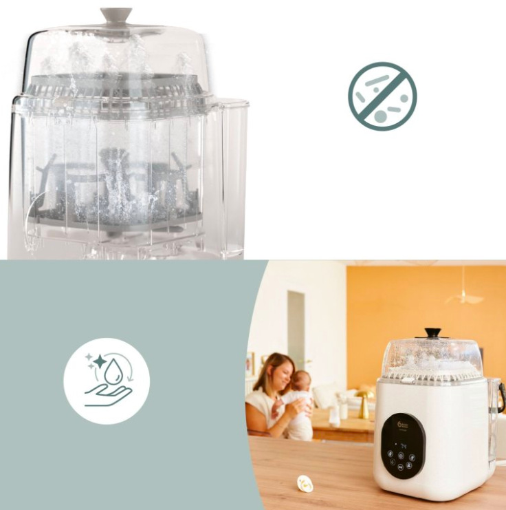 Vysokotlaké trysky sterilizátoru Babymoov NutriWash 4 v 1 během mycího cyklu
