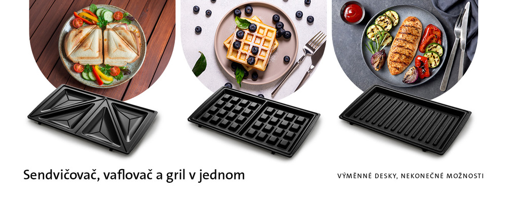 Sendvičovač ETA Crosto 8156 90000 bílý Výměnné desky pro sendvičovač, vaflovač a gril 3v1 ETA Crosto s ukázkou toasty, vaflí a grilovaného masa