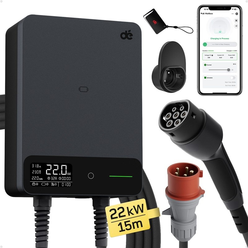 Nabíjecí wallbox dé s displejem, RFID kartou, nabíjecím konektorem, kabelem a mobilní aplikací.