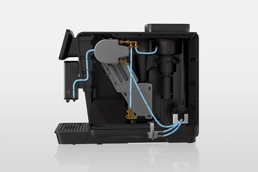 Průřez automatckým kávovarem Sencor ENZO SES 9470BK, kde je znázorněn jeho chytrý systrém.