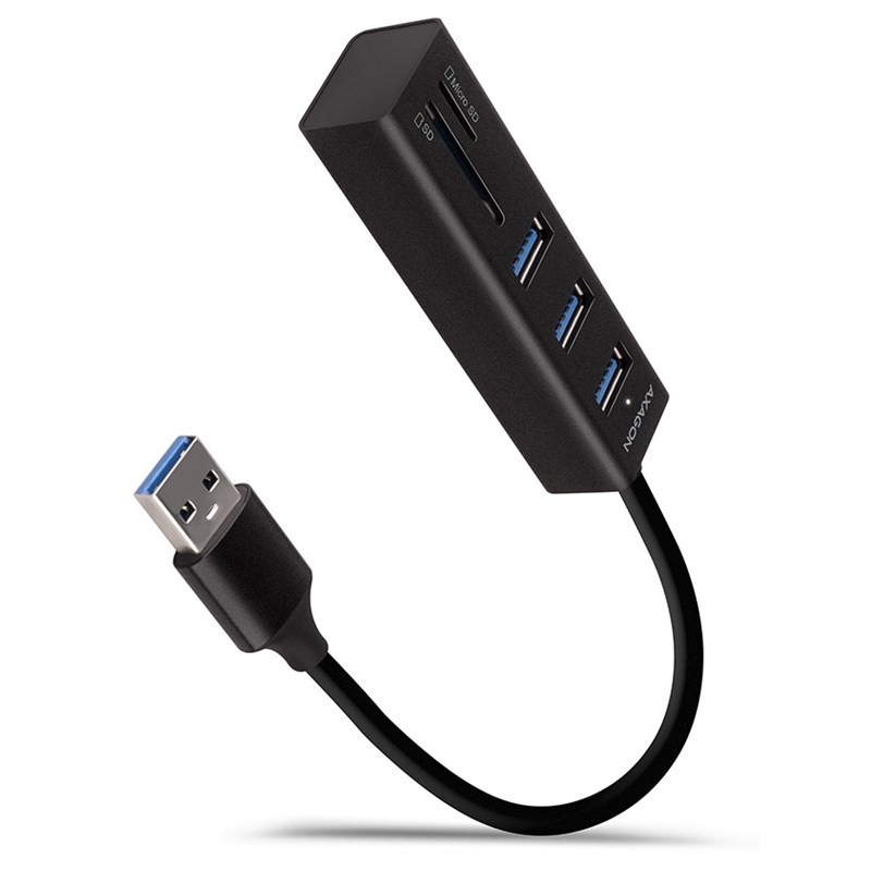 USB Hub Axagon USB 3.2 Gen 1 hub, 3x USB-A + čtečka karet SD/microSD, kabel USB-A 20cm černý