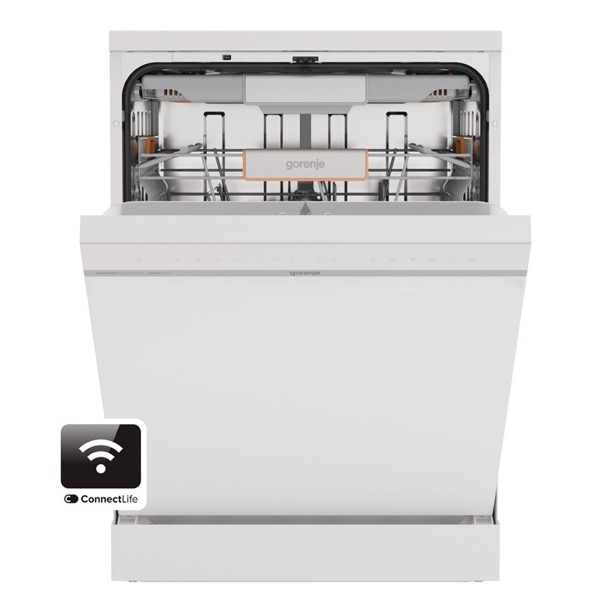 Na obrázku je přední pohled do otevřené myčky Gorenje GS673A97W, která má 1 hodinový program