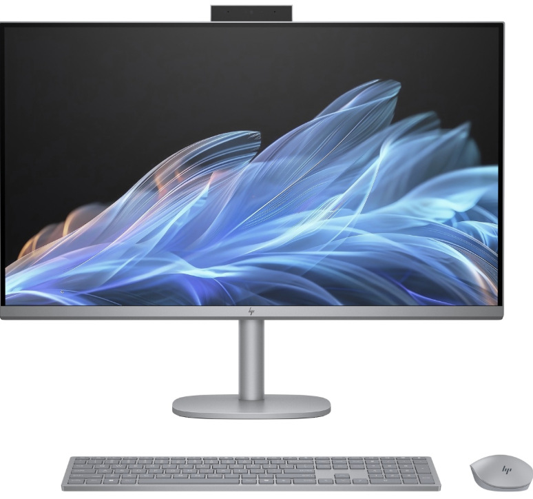 Čelní pohled na HP OmniStudio X 32-c0011nc s USB klávesnicí a myší HP 710