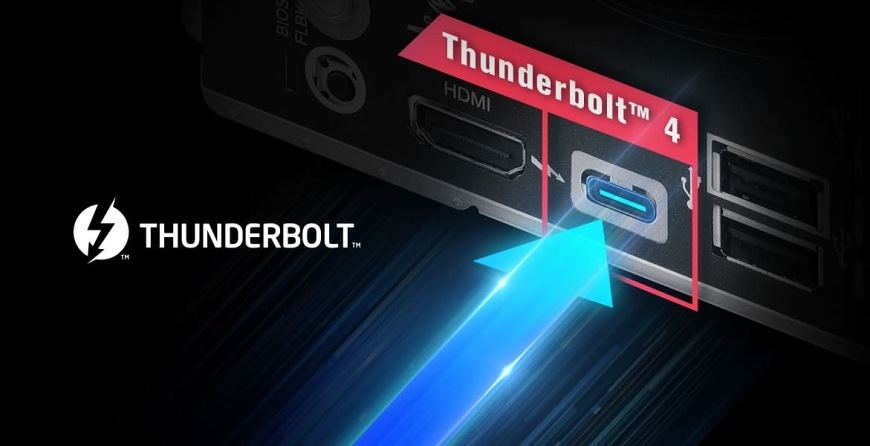 Detail portu Thunderbolt 4 na desce ASRock B860 LiveMixer WiFi pro rychlé připojení moderních zařízení a přenos dat