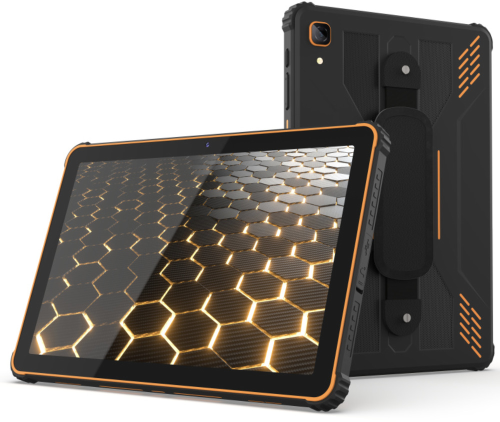 Dotykový tablet iGET Smart RT2 6 GB / 128 GB černý/oranžový Tablet iGET Smart RT2 v černo-oranžovém provedení s pohledem na displej a zadní poutko