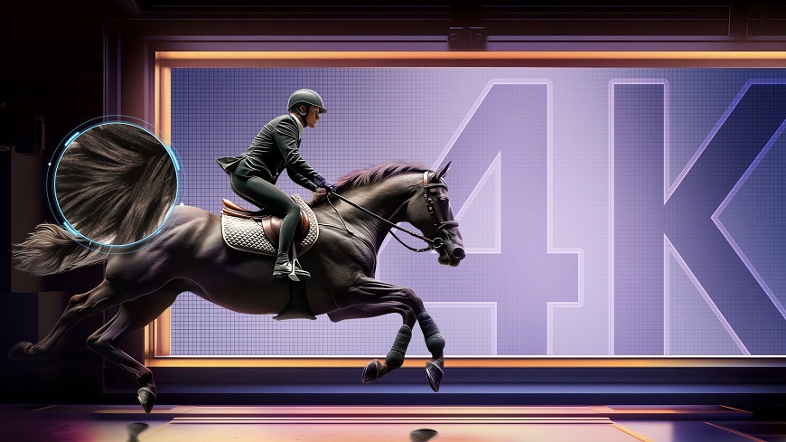 Na obrázku je jezdec na koni v pohybu před velkým nápisem „4K“, který symbolizuje vysoké rozlišení a čistotu obrazu. Detailní vykreslení srsti koně a ostré linie zdůrazňují schopnost televizoru Hisense 50E7Q PRO s technologií 4K AI Upscaler zobrazit i jemné detaily bez rozmazání.