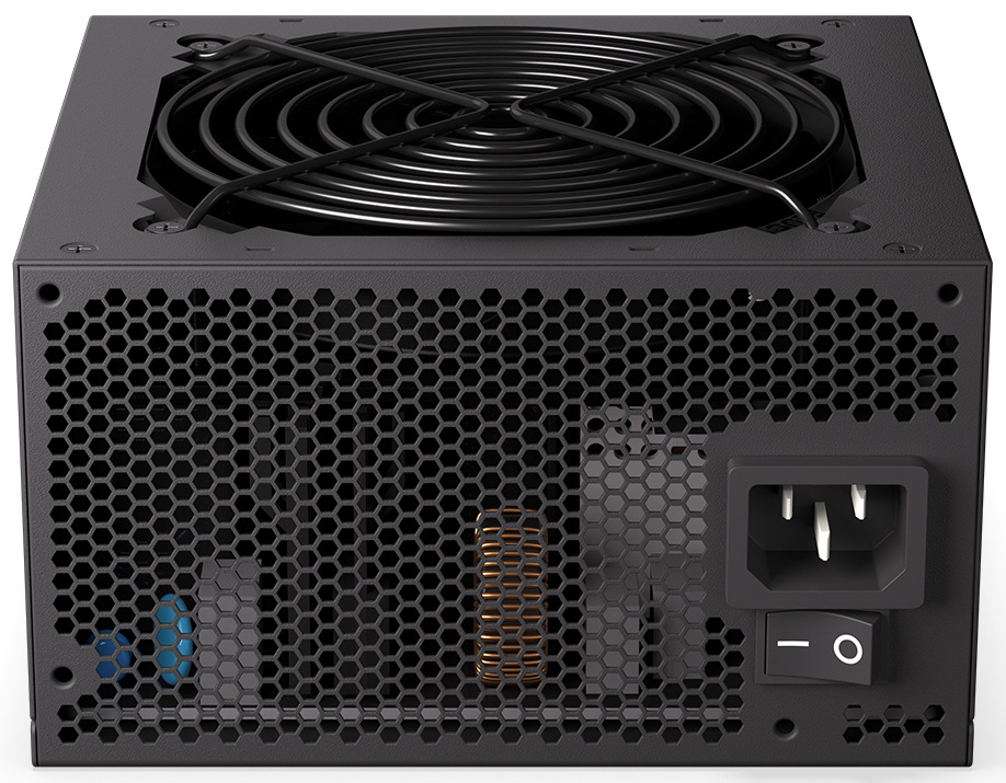 Zdroj ENDORFY Supremo FM5 Gold 650W Zdroj, ležící na širší spodní straně.Vidíme pouze zadní mřížku s otvory pro větrání a zdířku napájení a vypínač.