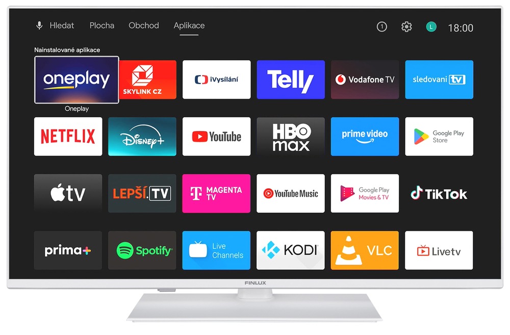 Televize Finlux 32FWI5670, na obrazovce je přehled nainstalovaných aplikací