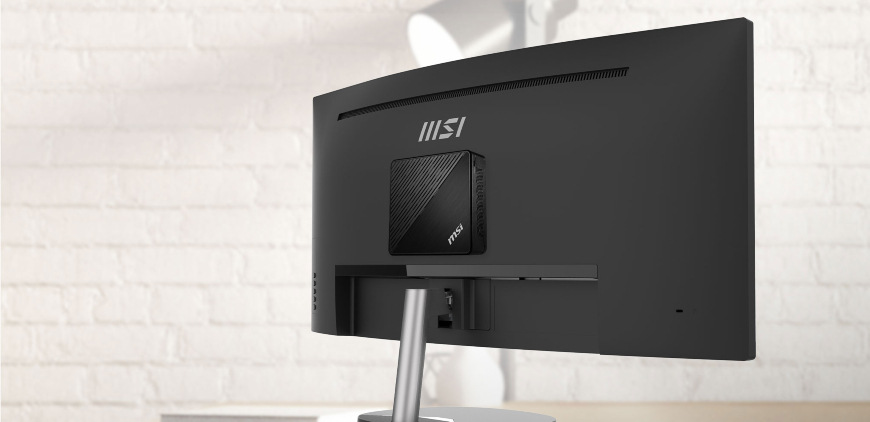 Monitor MSI PRO MP341CQ E12 černý Zadní strana obrazovky MSI PRO MP341CQ E12 s připevněným Mini PC
