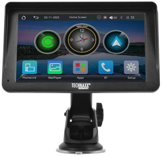 Displej do auta Technaxx Car Play & Android Auto Dashcam černý Boční pohled na displej Technaxx TX-367 připevněný na palubní desce u čelního skla