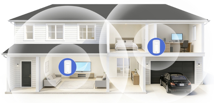 Dvě jednotky Mercusys Halo E27BE zajišťující Mesh Wi-Fi připojení v patrovém domě