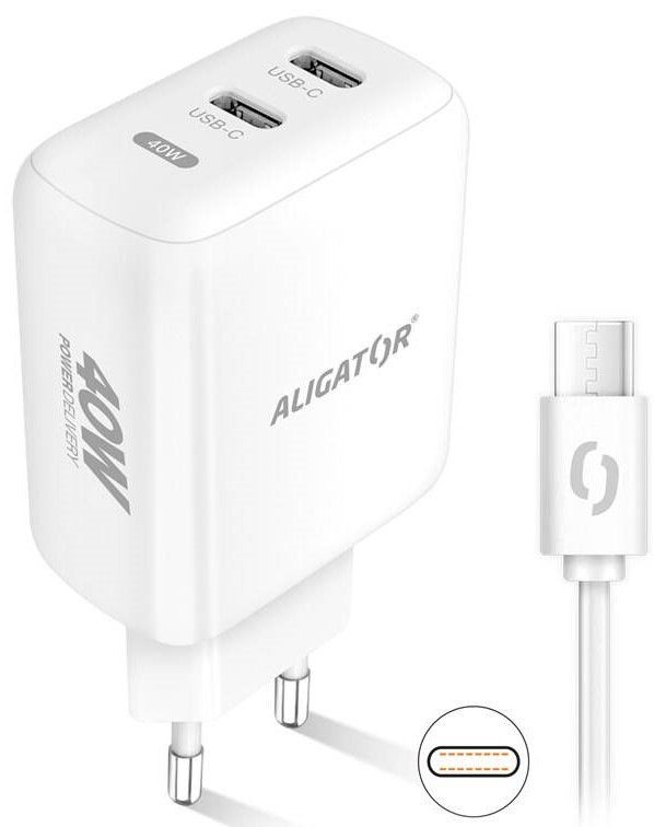 Nabíječka do sítě Aligator Power Delivery 40W, 2xUSB-C + USB-C kabel bílá