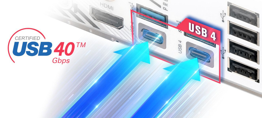 Základní deska ASRock X870 PRO RS Detail zadního panelu ASRock X870 PRO RS s porty USB4 40 Gb/s pro rychlá připojení