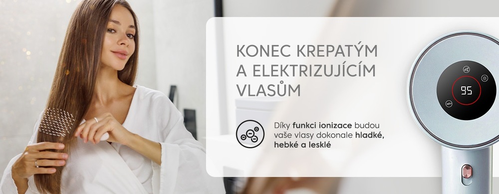 Fén ETA Fenité Pastels 8319 90010 modrý Banner na fén ETA Fenité se zaměřením na ionizaci. Text: ‚Konec krepatým a elektrizujícím vlasům‘. Díky ionizaci jsou vlasy hladké a hebké. Vlevo žena češící si lesklé vlasy, vpravo detailní pohled na pastelově modrý fén s LED ukazatelem teploty 95 °C