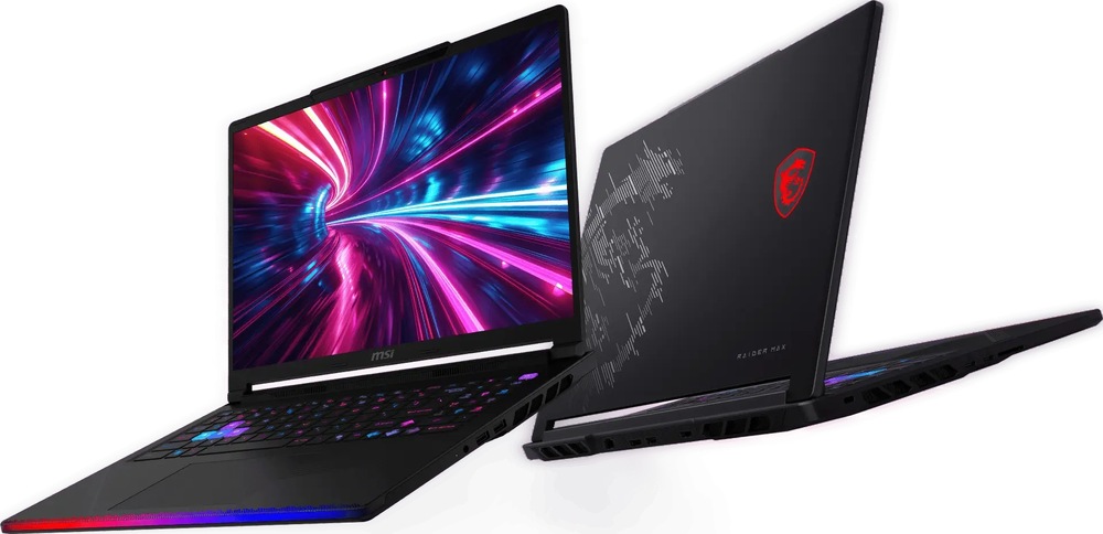 Notebook MSI Raider 16 Max HX B2WH-244CZ černý Herní notebook MSI Raider 16 Max HX B2W z předního a zadního úhlu s otevřeným víkem a kombinovaným výkonem až 300 W