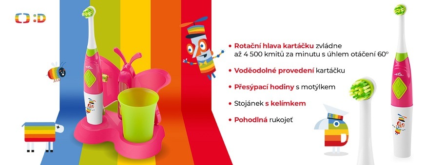 Дитяча звукова зубна щітка ETA Zubnička TV D&eacute;čko рожевого кольору з зарядною підставкою та зеленою чашкою, зображена на райдужному фоні. Праворуч наведено список ключових характеристик: обертова головка (4500 коливань/хв), водонепроникний дизайн, пісочний годинник з метеликом, підставка з чашкою та зручна ручка.
