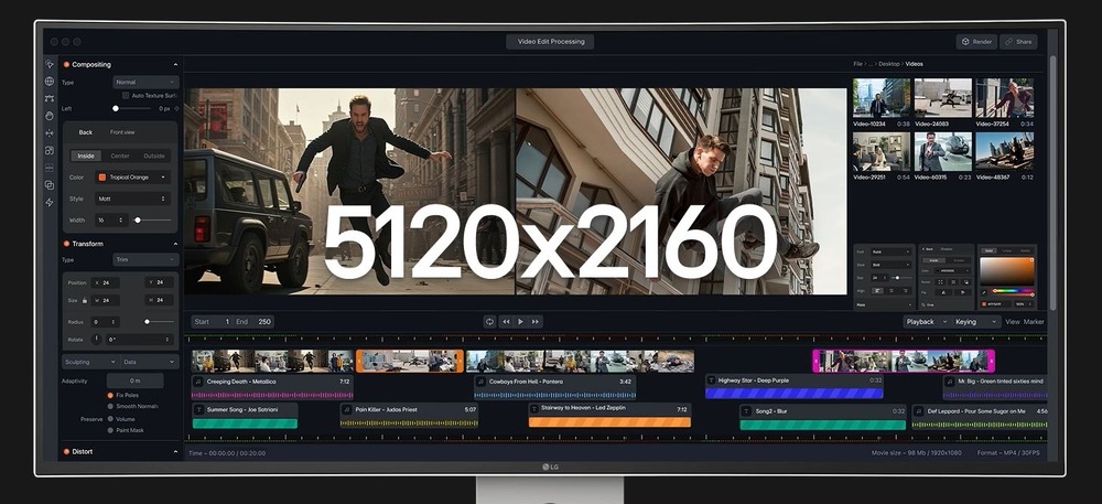 Širokoúhlý monitor zobrazuje software pro střih videa s několika videoklipy a časovými osami. Velký text „5120x2160“ označuje vysoké rozlišení.