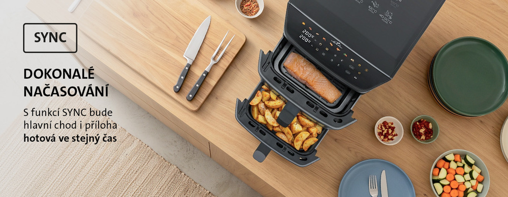 Fritéza horkovzdušná ETA Fritta Dual Slim 4167 90000 černá Dvouzónová horkovzdušná fritéza ETA Fritta Dual Slim s funkcí SYNC připravující lososa a americké brambory současně
