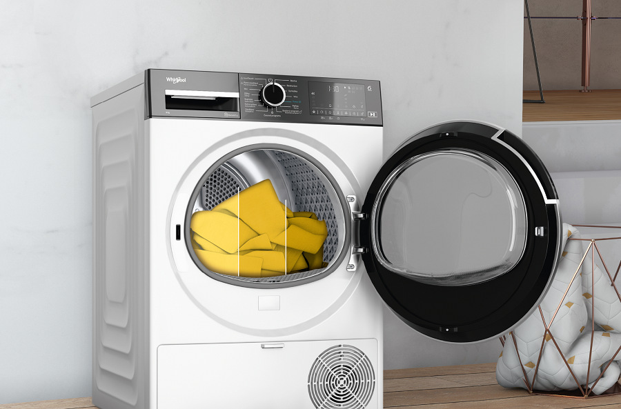 Sušička prádla Whirlpool WP A9X WBS EE bílá Sušička prádla Whirlpool WP A9X WBS EE, nastavitelná úroveň sušení je naznačena na prádle, které je umístěno v bubnu sušičky, světle žlutá, středně a tmavě žluté prádlo dle úrovně suchosti