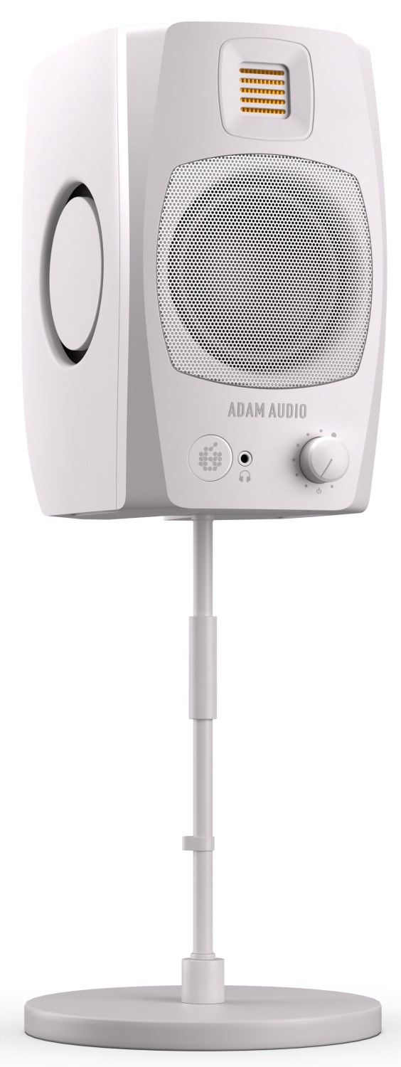 Studiový monitor Adam Audio D3V na výškově nastavitelném stojanu.