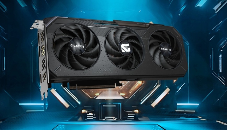 Grafická karta GIGABYTE AMD Radeon RX 9060 XT GAMING OC 8GB černá Lifestyle snímek grafické karty GIGABYTE Radeon RX 9060 XT Gaming OC ve futuristickém prostředí