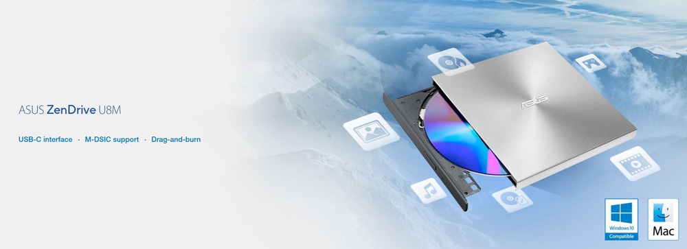 Elegantní vypalovačka ASUS ZenDrive U8M s kovovým povrchem, která vysouvá disk, a je zasazen do měkkého horského pozadí. Kompatibilní s Windows a Mac a rozhraním USB-C.