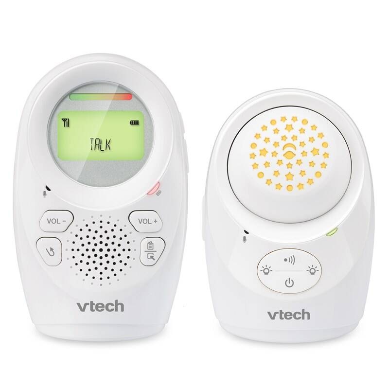 Bílá dětská zvuková chůvička Vtech se dvěma jednotkami s reproduktorem, LED indikátorem zvuku a tlačítky pro zapnutí a regulaci hlasitosti na přední straně zařízení