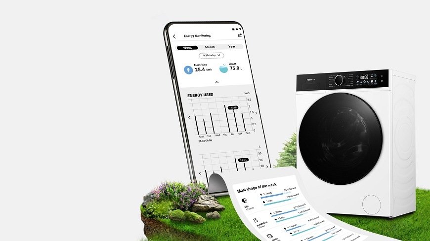 telefon s aplikací lifeconnect vedle pračky hisense WF3I9043BWFS2 