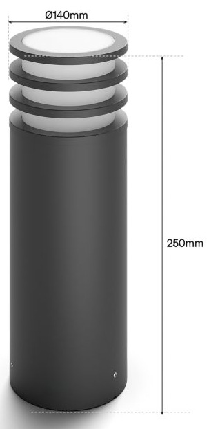 Rozměry svítidla Philips Lucca Hue s výškou 250 mm a průměrem 140 mm