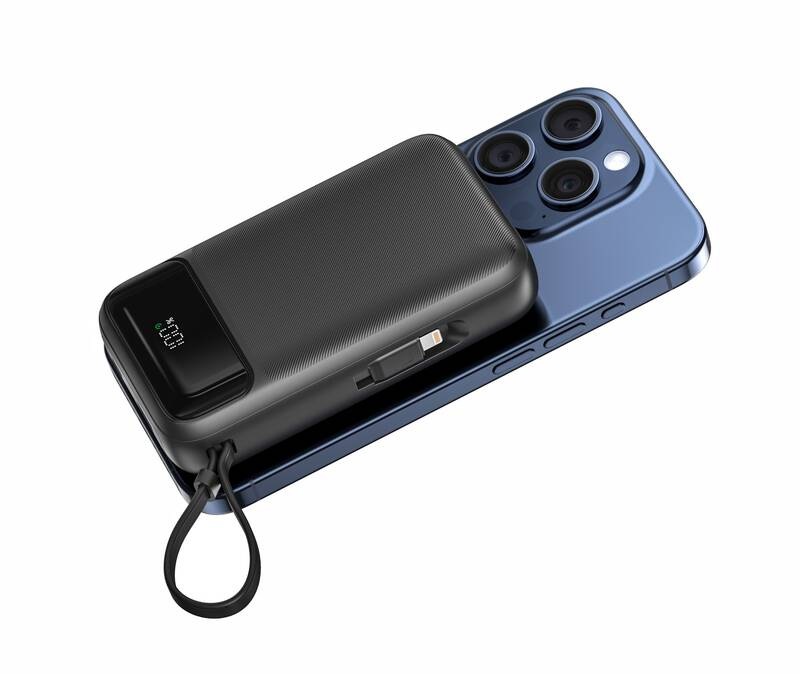Powerbanka Swissten 20000 mAh, PD 20W s integrovanými kabely USB-C a Lightning, MagSafe černá Powerbanka Swissten 20000 mAh, PD 20W s integrovanými kabely USB-C a Lightning, MagSafe černá
