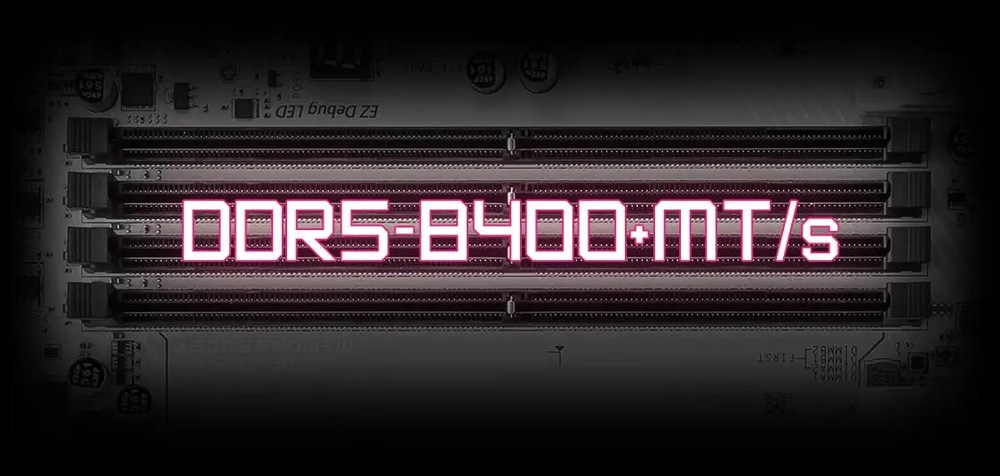Základní deska MSI MPG B850 EDGE TI WIFI Složitá síť propo Detail základní desky počítače se čtyřmi sloty pro RAM, s neonově růžovým textem „DDR5-8400+ MT/s“, který znázorňuje vysokorychlostní paměť.jených čar a zářících teček na tyrkysovém pozadí evokuje digitální, futuristický pocit.