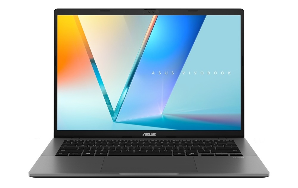 Notebook Asus Vivobook S14 stříbrný Otevřený a zapnutý notebook ASUS Vivobook S 14