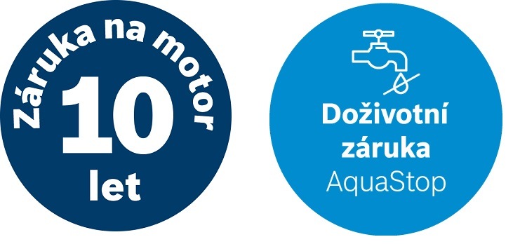 Dvě loga od značky Bosch se zárukou AquaStop a 10 let na motor