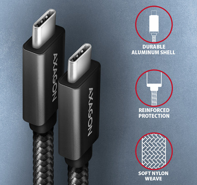 Kabel Axagon SPEED+ USB-C / USB-C, 2m,PD 100W, 4K HD, pletený černý AXABUCM32CM20AB