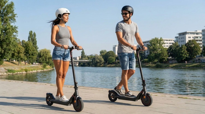 Elektrická koloběžka Sencor SCOOTER S25 černá Muž a žena jedou na elektrických koloběžkách Sencor SCOOTER S25 po cyklostezce podél řeky za slunečného dne. Oba mají nasazené helmy a během jízdy působí uvolněně a spokojeně. V pozadí se rozprostírá klidná vodní hladina, zeleň a městská zástavba.