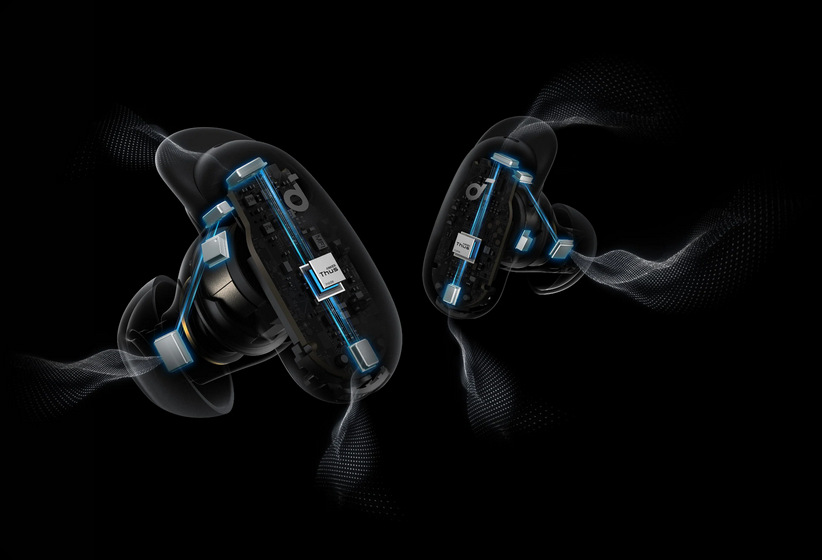 Sluchátka Anker soundcore Liberty 5 Pro Max zlatá Průřezová vizualizace vnitřní elektroniky obou sluchátek Soundcore Liberty 5 Pro Max.