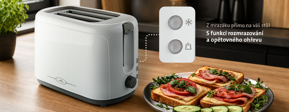 Topinkovač ETA Tonny 1166 90000 bílý Bílý topinkovač ETA Tony na dřevěné lince vedle talíře se třemi zapečenými toasty se sýrem, šunkou a rajčaty. Grafický výřez ukazuje detail podsvícených tlačítek pro rozmrazování a ohřev. Text: Z mrazáku přímo na váš stůl – S funkcí rozmrazování a opětovného ohřevu