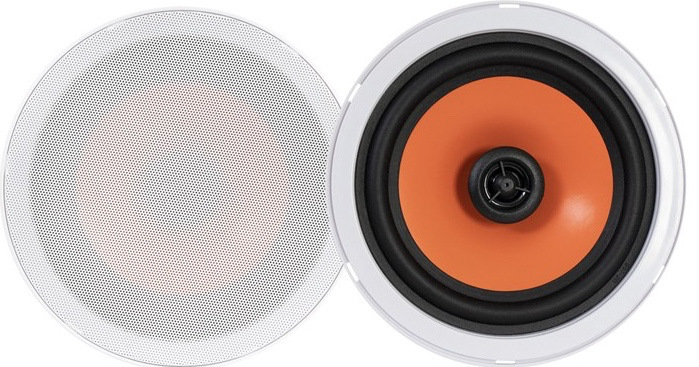 Reproduktory Fonestar KS-12B (2 ks) černé/bílé/oranžové Dva bílé stropní reproduktory Fonestar, jeden s perforovanou mřížkou a druhý s odkrytým oranžovým měničem.
