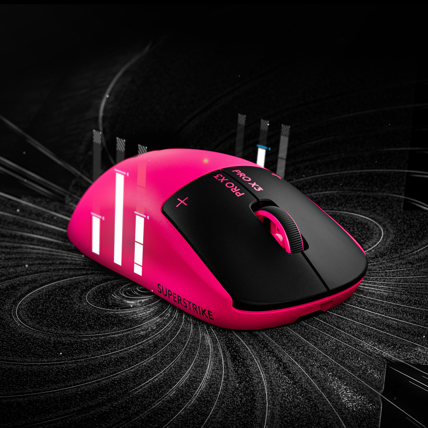 Myš Logitech G PRO X3 SUPERSTRIKE černá Myš Logitech G PRO X3 Superstrike v produktovém záběru s grafickým pozadím a zvýrazněním tvaru těla