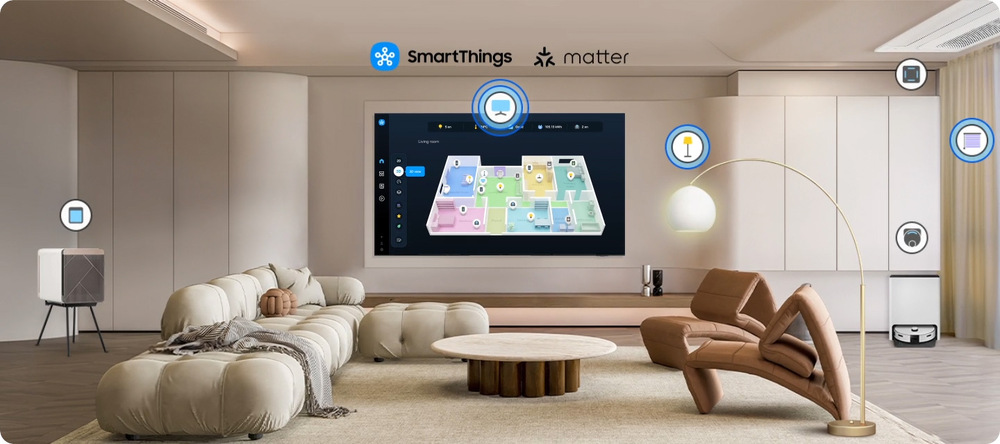 Aplikace SmartThings na televizi Samsung v obývacím pokoji