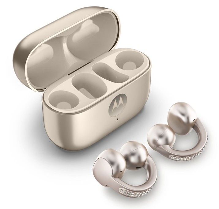 Sluchátka Motorola Moto Buds Loop Swarovski® Crystals, béžová barva.