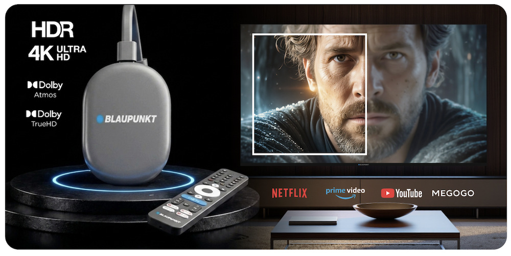 Blaupunkt A-Stream Stick Gen2 s ovladačem u televizoru s podporou 4K HDR a Dolby Atmos