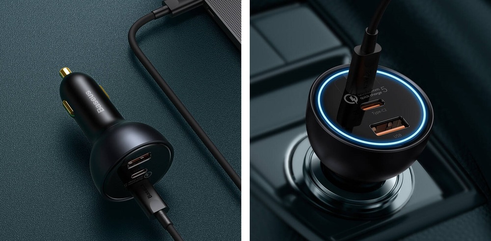 Adaptér do auta Baseus QC 5, 1x USB, 2x USB-C 160W + kabel USB-C 100W 1m (TZCCZM-0G) černý