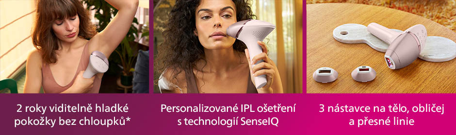 Tři okýnka s epilátorem Philips Lumea IPL BRI953/02 a s nástavci.