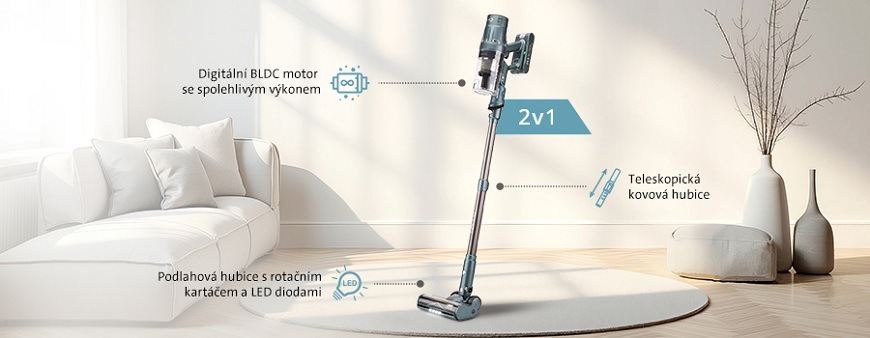 Tyčový vysavač ETA Terier Lite 2v1 s digitálním motorem, teleskopickou hubicí a LED osvětlením na podlahové hubici stojící v interiéru moderního obývacího pokoje