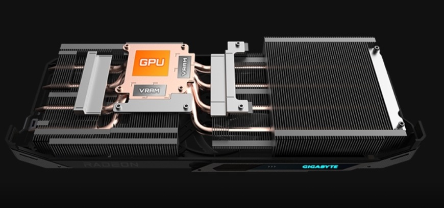 Chladič grafické karty GIGABYTE Radeon RX 9060 XT Gaming s heatpipe pro efektivní odvod tepla