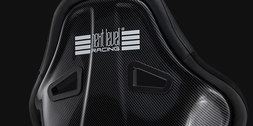 Detailní záběr elegantního opěradla závodní sedačky s karbonovou texturou. Slova „next level racing“ a pruhované logo vyzařují sportovní a hi-tech atmosféru.
