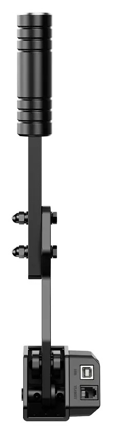 Záběr na ruční brzdu s válcovou rukojetí, nastavitelným ramenem a čtvercovou základnou s USB a ethernetovým portem.