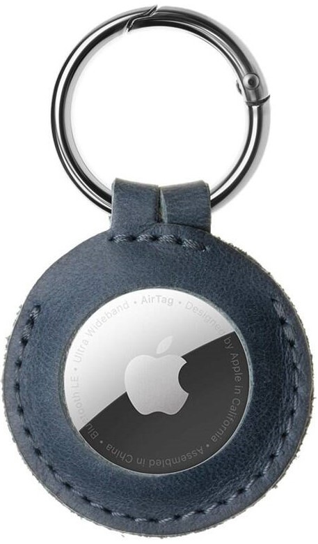 Pouzdro FIXED Case pro AirTag z pravé hovězí kůže s karabinou modré